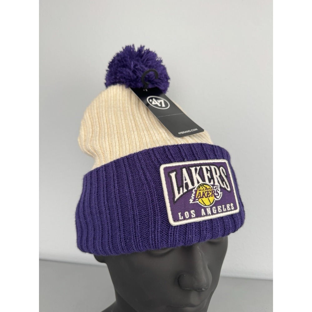 Los Angeles Lakers 47 Brand Cuff Knit Beanie Hat Cap Spellout Patch Mens NBA NWT